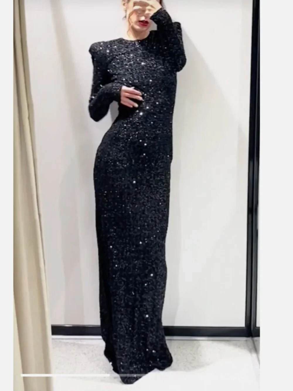 Zara Sequin Long Sleeve Elegant Shoulder Pad Black Long Dress Gown XS - Picture 11 of 11